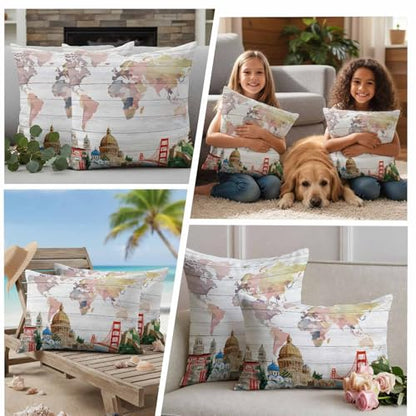 World Map Waterproof Outdoor Pillow Covers Set of 2 Home Decor, Famous Building Tourism Bridge Wood Grain Pillowcase Patio Pillow Covers for Couch Bench Patio Furniture Garden 24x24in