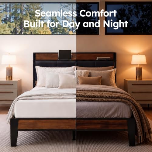 Queen Size Bed Frame with Wooden Storage Headboard & Charging Station, view 5