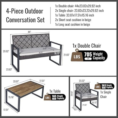 4PC Outdoor Patio Wicker Furniture Chat Conversation Set with Acacia Wood Table Top Backyard Porch Lawn