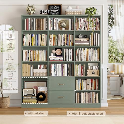 71" Tall Triple Wide Bookshelf with Storage Drawers & Doors, Green, view 6