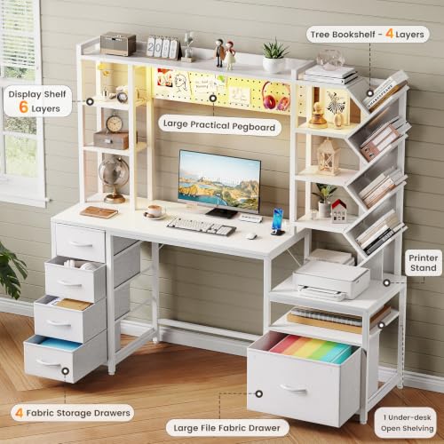 61.4" Computer Desk with Bookshelf, 5 Drawers, Desk with Hutch, Outlet, LED, view 4