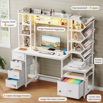 61.4" Computer Desk with Bookshelf, 5 Drawers, Desk with Hutch, Outlet, LED, view 4