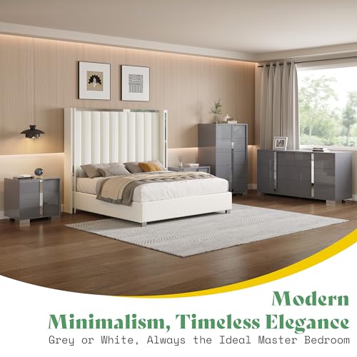 4 Piece Bedroom Dresser Set, Modern High Gloss UV Finish, 2 Nightstands, Chest of 5 Drawers & 6-Drawer Dresser, Electroplated Metal Handles, Bedroom Furniture Set, Grey