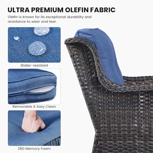 Outdoor Furniture Set Patio Wicker Chairs, 3 Peices Porch Rattan Furniture with Side Table, Deep Seating Patio Bistro Chair Sets (Blue Cushion)