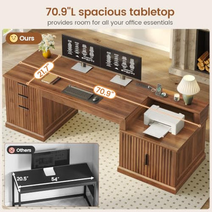 70.9" Executive Desk, Fluted Office Desk with Drawers, Brown, view 8