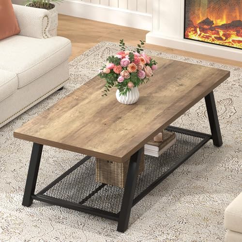 Coffee Table with Storage, Modern Rustic Wood and Metal Coffee Tables for Living Room, Industrial 2-Tier Center Tea Cocktail Table, Oak, 47 Inch