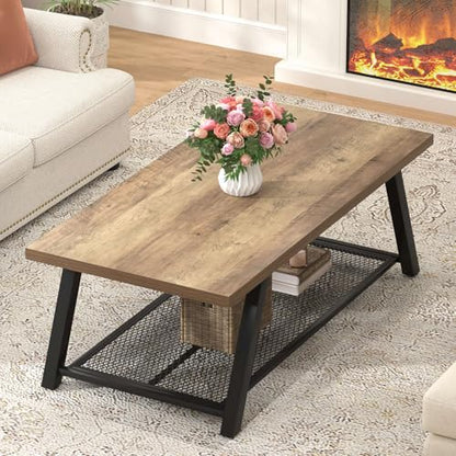 Coffee Table with Storage, Modern Rustic Wood and Metal Coffee Tables for Living Room, Industrial 2-Tier Center Tea Cocktail Table, Oak, 47 Inch