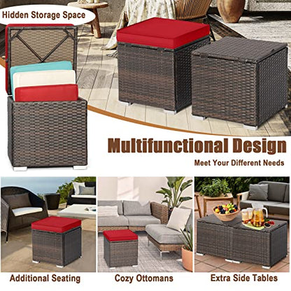 Outdoor Storage Ottoman Wicker 2 Piece, Patio Ottomans PE Rattan Foot Rest Footstool with Cushions for Couch, Chair, Red
