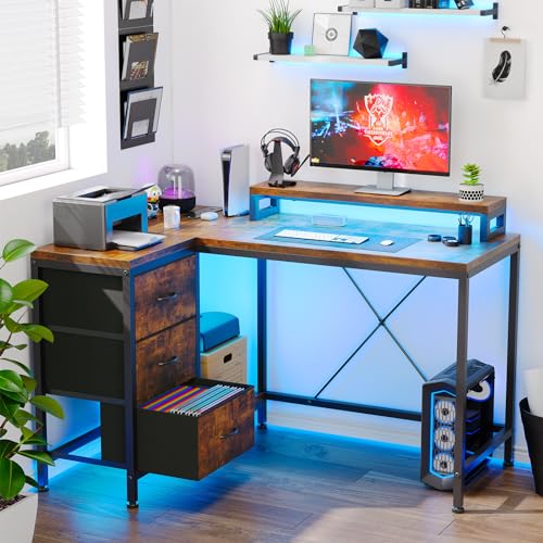 L Shaped Desk with Power Outlets & LED Lights, Computer Desk with Drawers & Shelves, Corner Desk Gaming Desk Home Office Desk, Rustic Brown