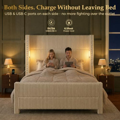 Queen Bed Frame with 56.7" Tall Wingback Headboard & Reading Lights, Cream, view 5
