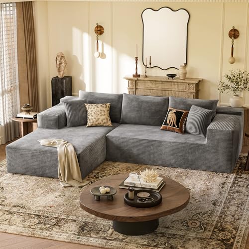 Boneless Couches for Living Room, 108" Sectional Modular Sectional Sofa with Deep Seat, Cloud Comfy Couch with L-Shape Chaise, Easy Assembly (Corduroy, Gray)