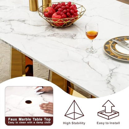 Marble Dining Table for 6 People, 70'' Rectangle Faux Marble Dining Table with Mirrored Stainless Steel Base, Large Size Marble Kitchen Table (Gold,White)(only Table)