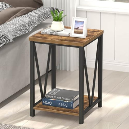 End Table, Square Side Tables for Living Room, Industrial Metal and Wood Nightstand for Bedroom, Rustic Brown