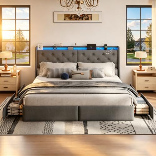 Upholstered King Size Bed Frame with 4 Storage Drawers and LED Lights, view 4