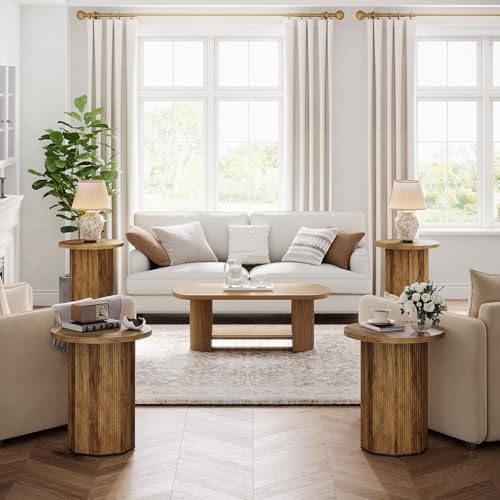 Tribesigns 2pcs Round End Table, Farmhouse Pedestal Side Table, Fluted Wooden Nightstand Drink Stand for Living Room, Bedroom (2)