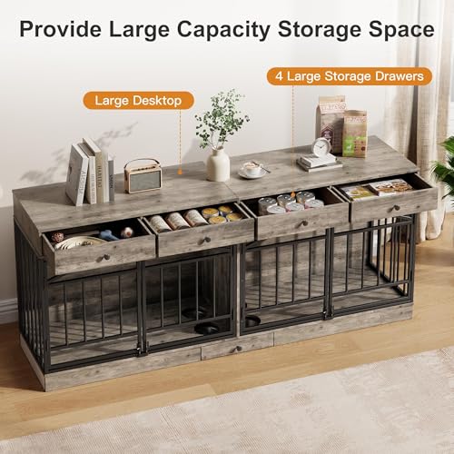 78.7" Dog Crate Furniture for 2 Dogs with 4 Drawers, Grey, view 5