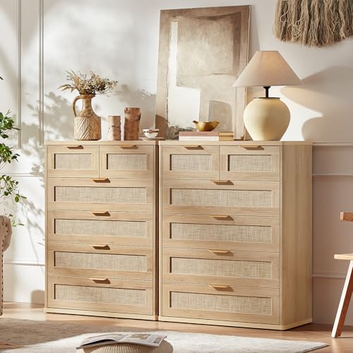 Rattan Dresser for Bedroom, 41" Tall Chest of Drawers, Modern 6 Drawers Boho Dressers with Storage, Light Oak Dresser Wooden Closet Organizer for Living Room, Hallway, Natural Wood