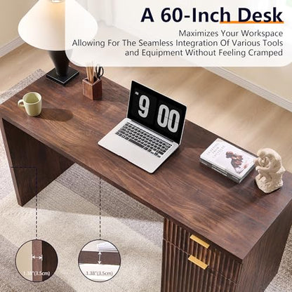 60" Modern Executive Desk with Storage, Wood Home Office Desk with Drawer & Cabinet, Fluted Computer Writing Desk for Study, Living Room, Bedroom, Dark Walnut