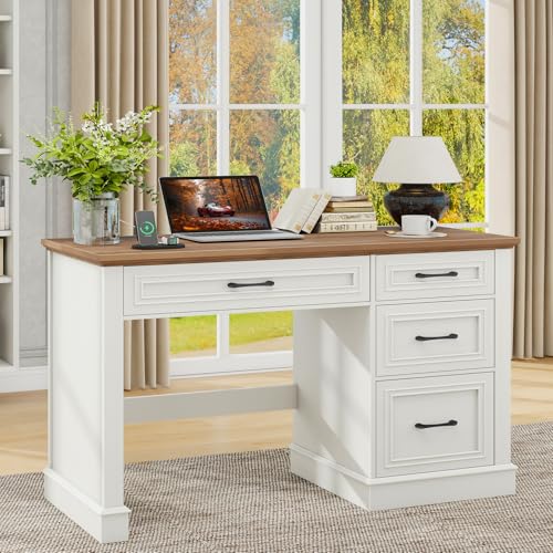 Farmhouse 47" Executive Desk, Computer Desk with Drawers and File Drawer, Workstation Computer Desk with Charging Station for Home Office,Study,Unique White.