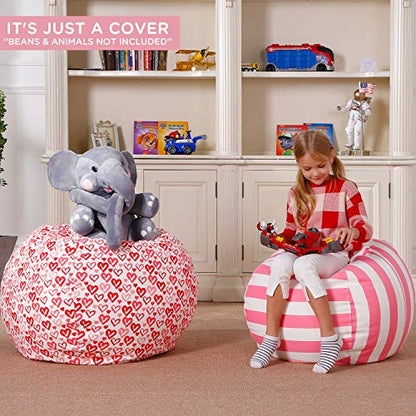 Stuffed Animal Bean Bag Storage Chair, Beanbag Covers Only for Organizing Plush Toys, Turns into Bean Bag Seat for Kids When Filled, Medium 32"-Canvas Pattern Heart