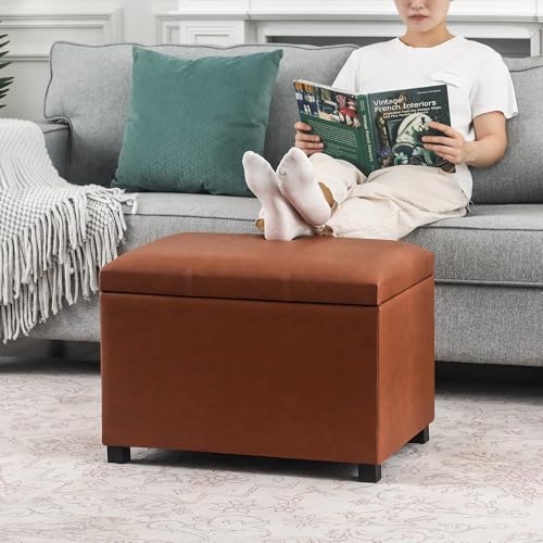 24-Inch Storage Ottoman Bench,Foot Stool Ottoman with Storage, Faux Leather Upholstered Foot Rest Seat with Safety Hinge,Wood Legs Stool for Living Room, Bedroom,Entryway, Cognac Brown