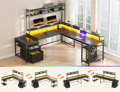 104'' L Shaped Gaming Desk, Reversible Two Person Corner Computer Desk with LED Lights & Power Outlet, Monitor Stand & 3 Drawers, Home Office Workstation for Gaming Room, Black