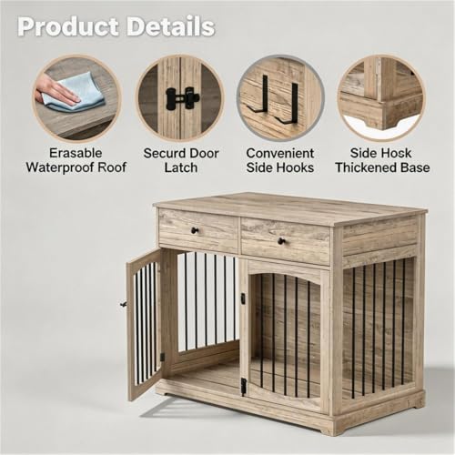 40" Gray Dog Crate End Table, Engineered Wood, 2 Drawers, Reinforced Steel, view 7
