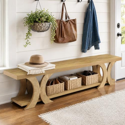70.87" Extra Long Entryway Bench, Farmhouse Entryway Bench with Shoe Storage, Wooden Seating with Curved Legs for Living Room, Bedroom, Hallway, Foyer, Easy Assembly