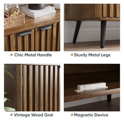 Walnut Buffet Cabinet with Storage, Sideboard Cabinet with Fluted Doors and Metal Legs, Storage Cabinet with Adjustable Shelf, Accent Table for Living Room, Dining Room, Kitchen, Entryway