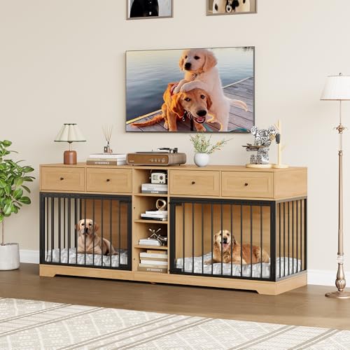 82" Large Dog Crate Furniture with Storage for 2 Dogs, Natural, view 5