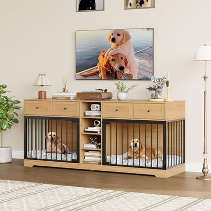 82" Large Dog Crate Furniture with Storage for 2 Dogs, Natural, view 5