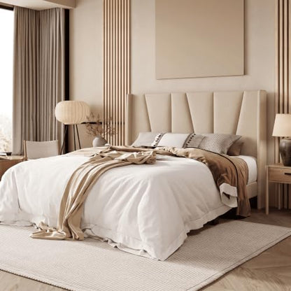 Queen Size Platform Linen Bed Frame with Headboard, Beige, view 4