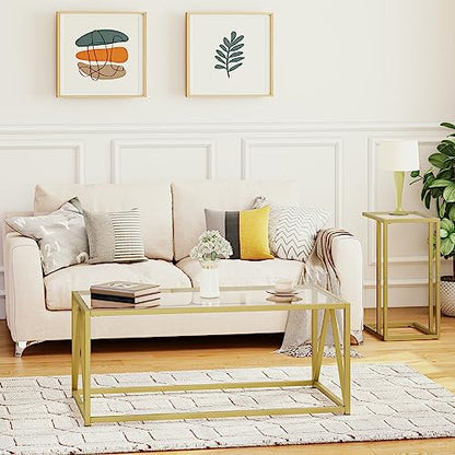 Glass Coffee Table, Gold Coffee Tables for Living Room, Gold Glass Coffee Table,1 Layer Center Table, Modern, for Apartment, Office, 39.4 x 19.7 x 17.7 Inches, Easy Assembly, Golden GD04KF01