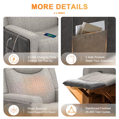 Manual Recliner Sectional Sofa for Living Room, Corner Couch with Flip Middle Backrest, USB Ports & Cup Holders, Grey Linen & Chocolate Leather, 5 Seater Sectional Couch