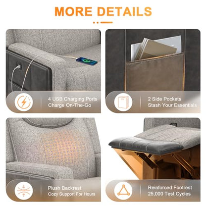 Manual Recliner Sectional Sofa for Living Room, Corner Couch with Flip Middle Backrest, USB Ports & Cup Holders, Grey Linen & Chocolate Leather, 5 Seater Sectional Couch