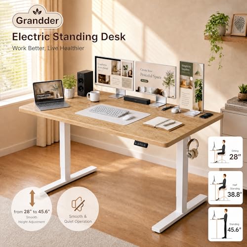 55x32 Extra-Deep Electric Standing Desk, Wide Desktop Fits 49" Ultrawide Monitor+Dual Screens, 176 lbs Capacity, 2 Memory Presets, Anti Collision, Computer Desk for Home Office & Gaming, Oak
