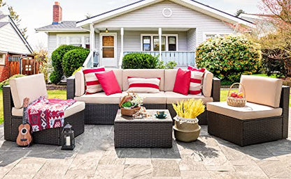 6 Pieces Patio Furniture Set, Outdoor Sectional Patio Sofa Couch, PE Wicker Rattan Patio Set with Coffee Table for Garden, Backyard, Poolside (Beige)