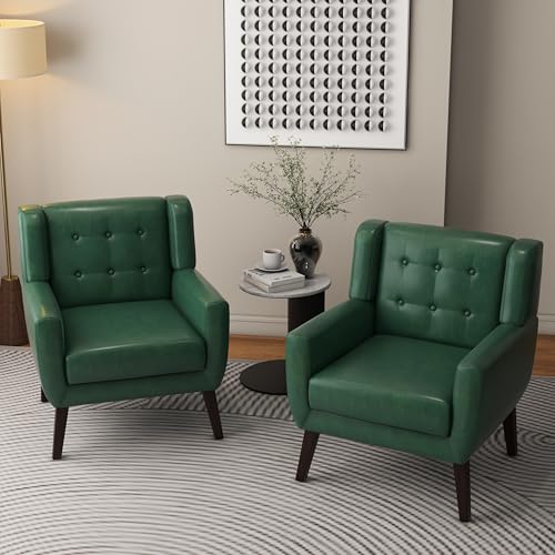 Accent Chair, Mid-Century Modern PU Leather Chairs with Arms for Living Room, Comfy Upholstered Club Single Sofa Armchair for Bedroom Waiting Room with Solid Wood Frame（Leather Green, Set of 1)