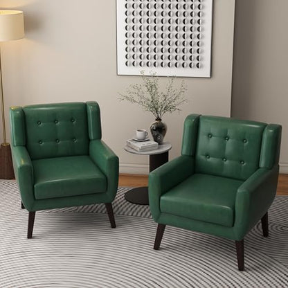 Accent Chair, Mid-Century Modern PU Leather Chairs with Arms for Living Room, Comfy Upholstered Club Single Sofa Armchair for Bedroom Waiting Room with Solid Wood Frame（Leather Green, Set of 1)