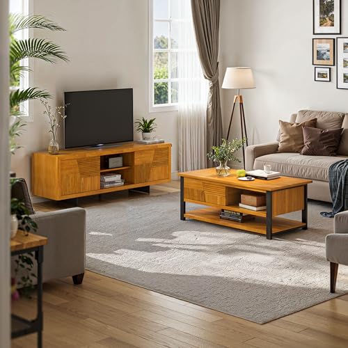 Trapeze Coffee Table for Living Room – Modern Wooden Center Table with Storage, Metal Legs, Large Teak Brown Coffee Table for Stylish Living Room Furniture Setup
