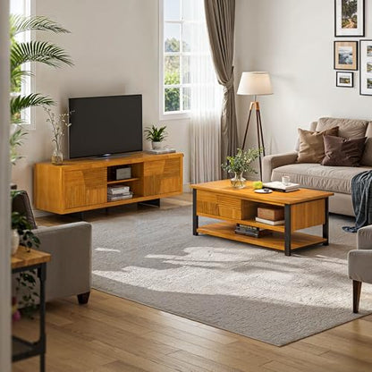 Trapeze Coffee Table for Living Room – Modern Wooden Center Table with Storage, Metal Legs, Large Teak Brown Coffee Table for Stylish Living Room Furniture Setup
