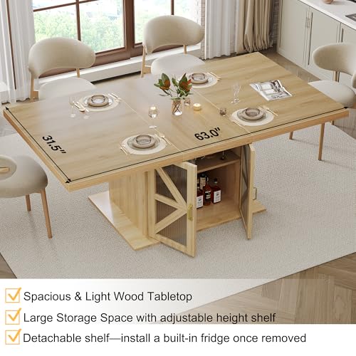 Dining Table for 4-6, Modern Wood Dining Room Table, Farmhouse Rectangular Kitchen Table with Storage & Fridge Space, Large Rustic Eating Dinner Tables for Kitchen, Living Room, Oak, 63 Inch