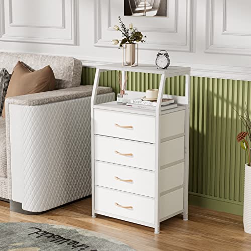 White Dresser with Drawers, Vertical Storage Tower Fabric Dresser for Bedroom, Hallway, Entryway, Nursery, Closet Organizer, Nightstand Bedside Table Furniture, Sturdy Steel Frame, Wood Top