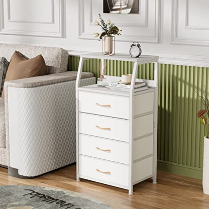 White Dresser with Drawers, Vertical Storage Tower Fabric Dresser for Bedroom, Hallway, Entryway, Nursery, Closet Organizer, Nightstand Bedside Table Furniture, Sturdy Steel Frame, Wood Top