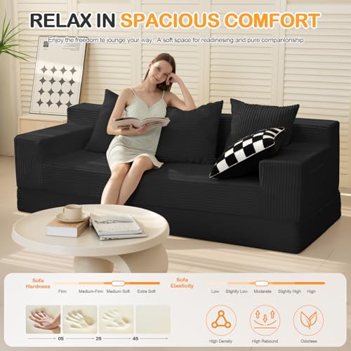3 Seater Boneless Couch Sofa Bed, 78'' Corduroy Oversized Loveseat Folding Sofas Bed, Compression Convertible Futon Floor Couch Sofa Beds with 3 Pillows for Living Room Bedroom Apartment