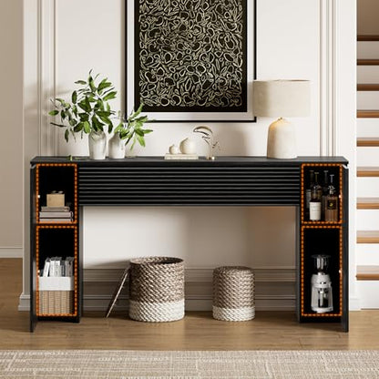 61” Fluted Long Console Table with 2 Hidden Storage Cabinets, Black | Wooden Rectangular Sofa Table, Behind the Couch, Narrow Entryway Table for Entrance, Hallway, Living Room, Foyer