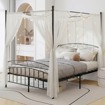 Metal Canopy Bed Frame Queen Size with Headboard & Footboard, view 2