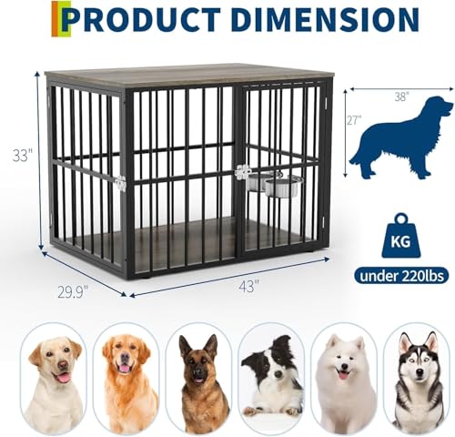 43" Dog Crate Furniture, Wooden Dog Crates with Double Doors and Lockable Kennel, view 3