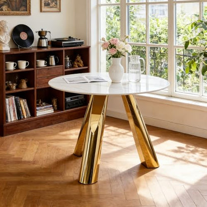 42" Luxury Sintered Stone Table: 0.45" Top + 6" Steel Legs, 500lb Capacity, Stain,Heat Resistant White,Gray Veined Design