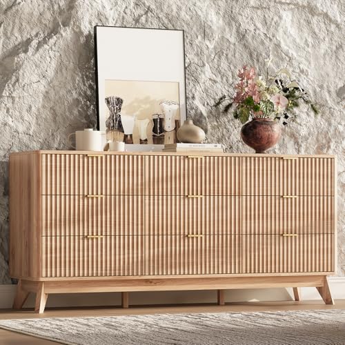 63" Wide Fluted 9 Drawers Dresser for Bedroom,Curved Edge,Oak, view 4